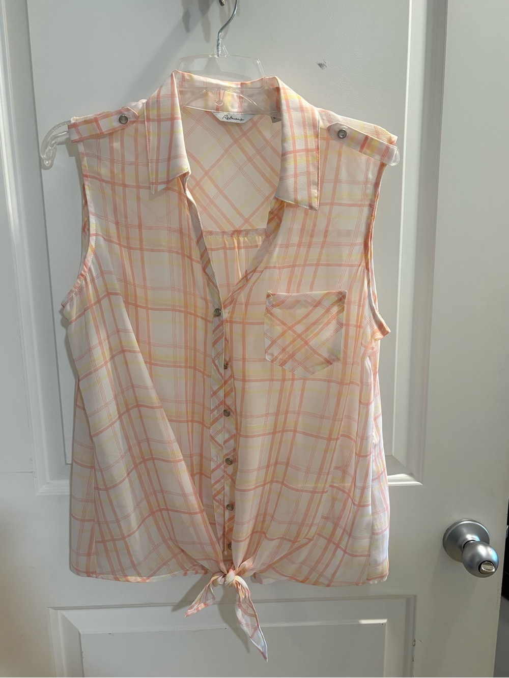 Sleeveless Tie-Front Plaid Button-Up Top in Peach
